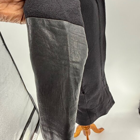 Club Monaco Womens Italian Wool Coat XS Black Leather Sleeve Detail - Picture 7 of 11